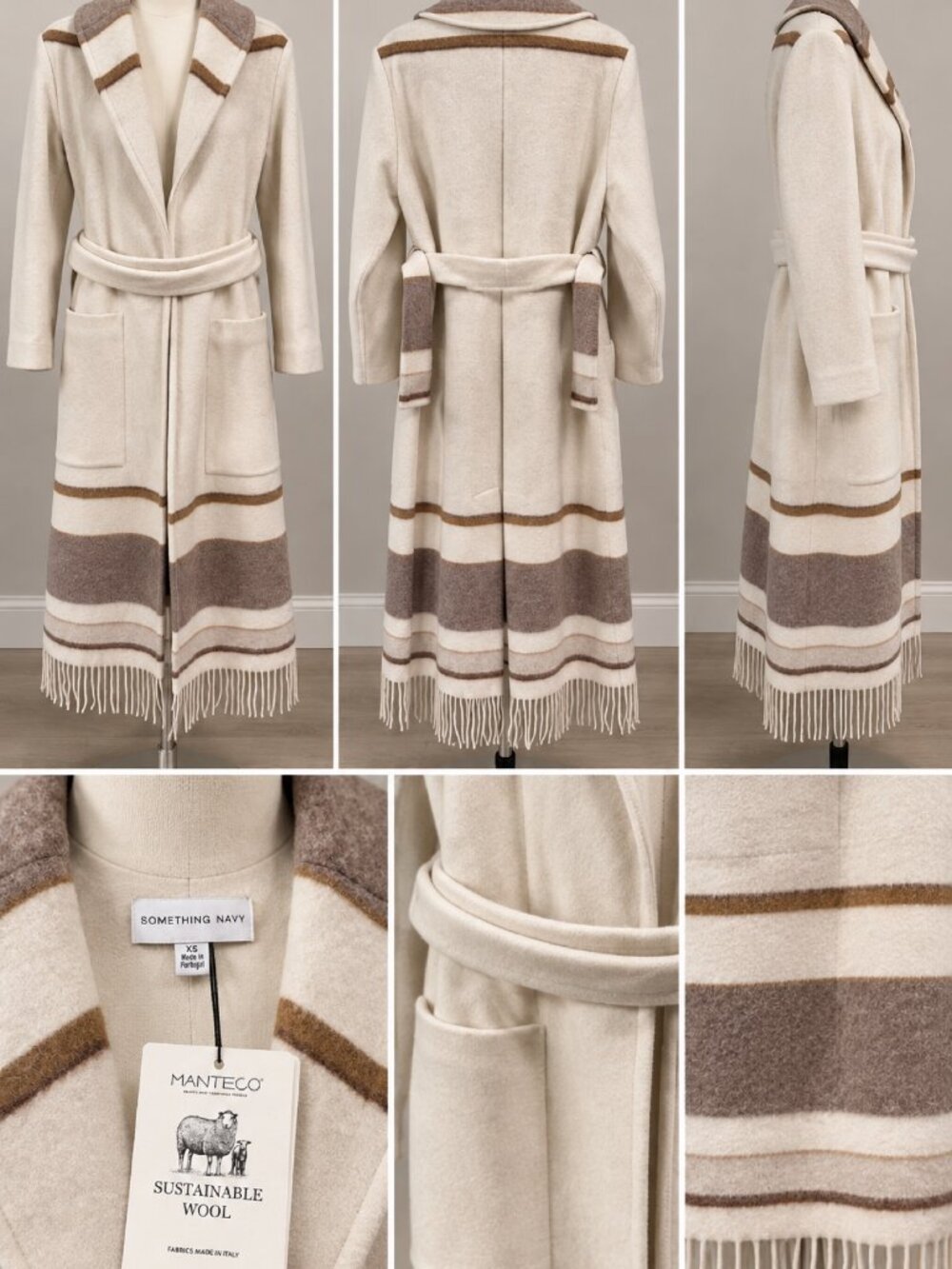 Something Navy Fringe Robe Coat Cream Multi Manteco Italian Wool – XS – NWT